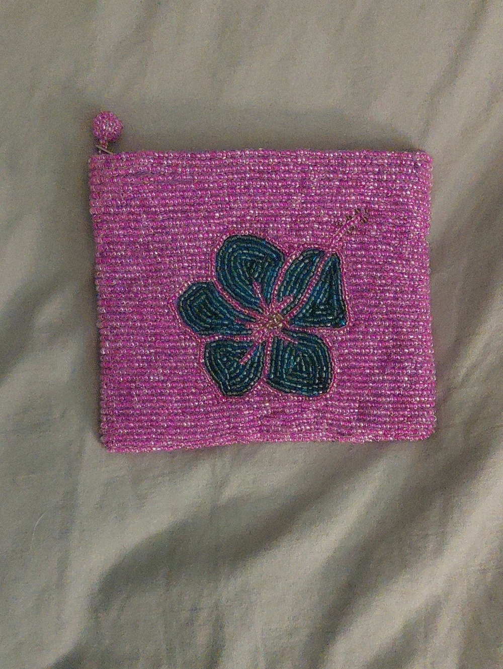 Pink Beaded Floral Zip Pouch - Women's Accessory